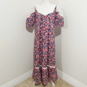 Vintage Hilda Hawaii Maxi Dress Floral Pockets Prairiecore Cottagecore Size 8